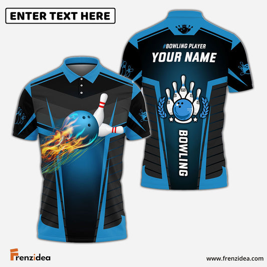 Frenzidea The Blue Bowling Ballin Flames Breaks White Skittles Personalized Name 3D Shirt