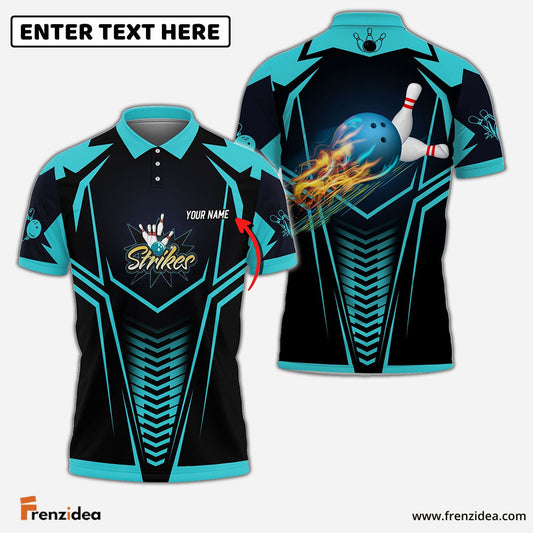 Frenzidea Strikes Blue Bowling Ball Crashing The Pins Personalized Name 3D Shirt