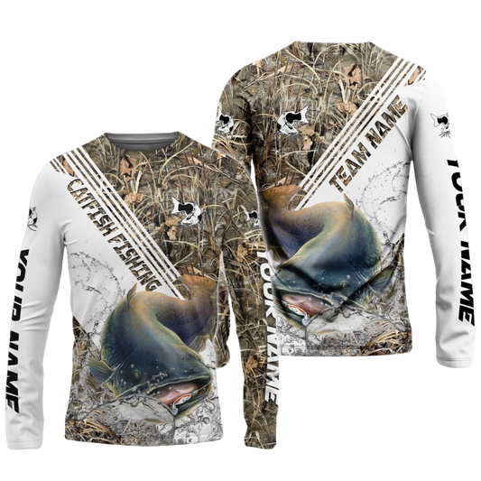 Frenzidea Catfish Fishing White And Grass Camo Sport Custom Name & Team Name 3D Shirts