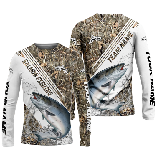 Frenzidea Salmon Fishing White And Grass Camo Sport Custom Name & Team Name 3D Shirts