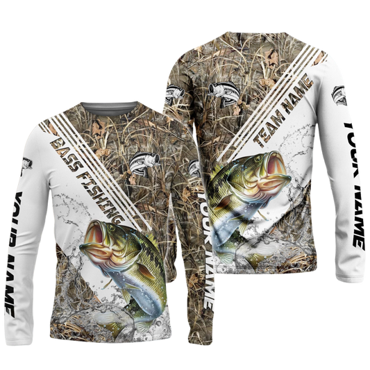 Frenzidea Bass Fishing White And Grass Camo Sport Custom Name & Team Name 3D Shirts