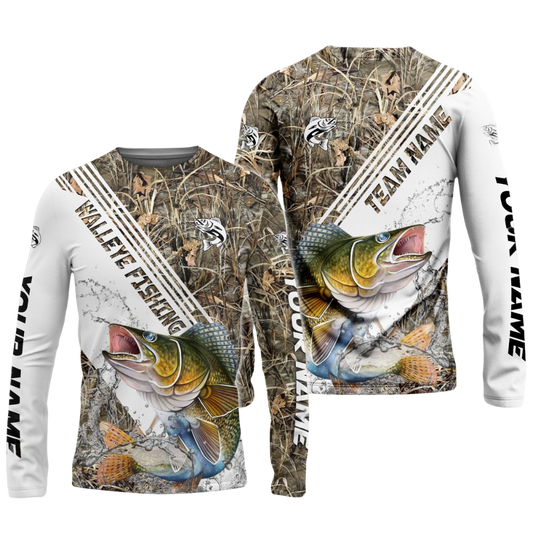 Frenzidea Walleye Fishing White And Grass Camo Sport Custom Name & Team Name 3D Shirts