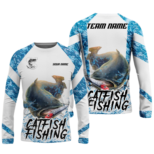 Frenzidea Catfish Fishing Blue Camo White Pattern Sport Custom Name & Team Name 3D Shirts