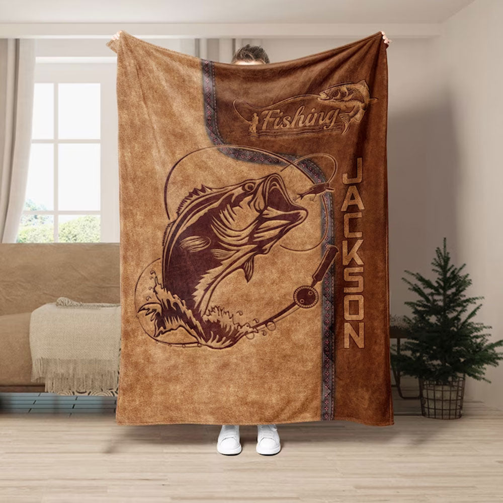 Frenzidea Custom Name Big Bass Fish Fishing Blanket