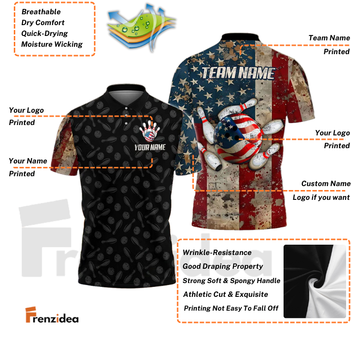 Frenzidea Bowling And Pins Vintage US Flag Personalized Name, Team Name Unisex Shirt