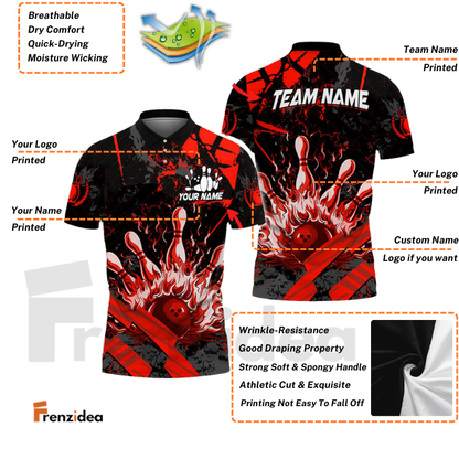 Frenzidea Bowling And Pins Grunge Flame Customized Name 3D Shirt ( 5 Colors)