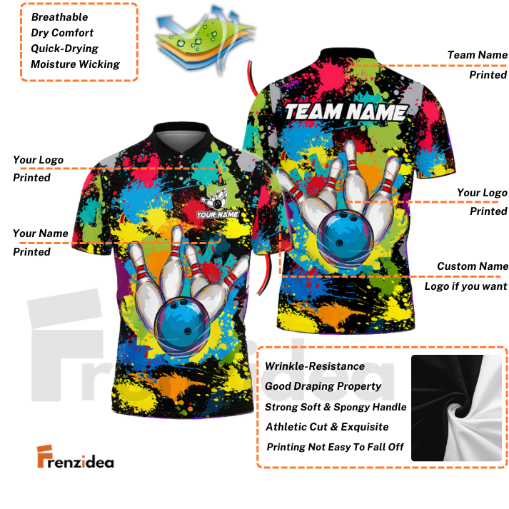 Frenzidea Bowling Coloful Ink Pattern Customized Name, Team Name 3D Shirt