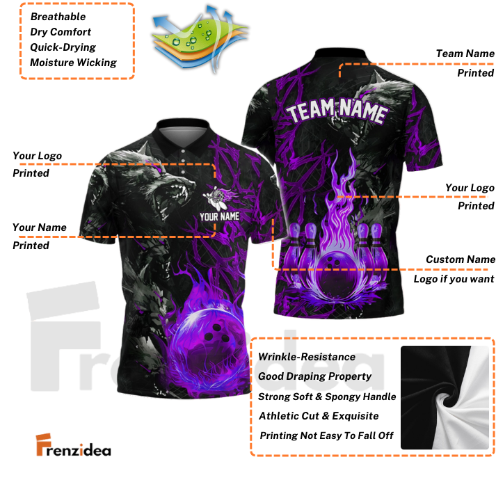 Frenzidea Bowling And Pins Flame Wolf Multicolor Customized Name 3D Shirt ( 4 Colors )