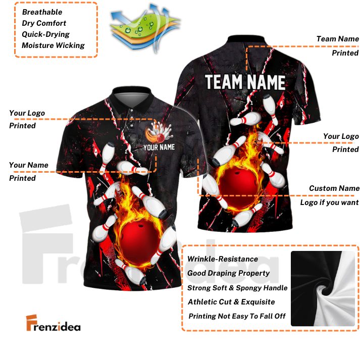 Frenzidea Bowling And Pins Flame Crack Wall Customized Name 3D Shirt (4 Colors)