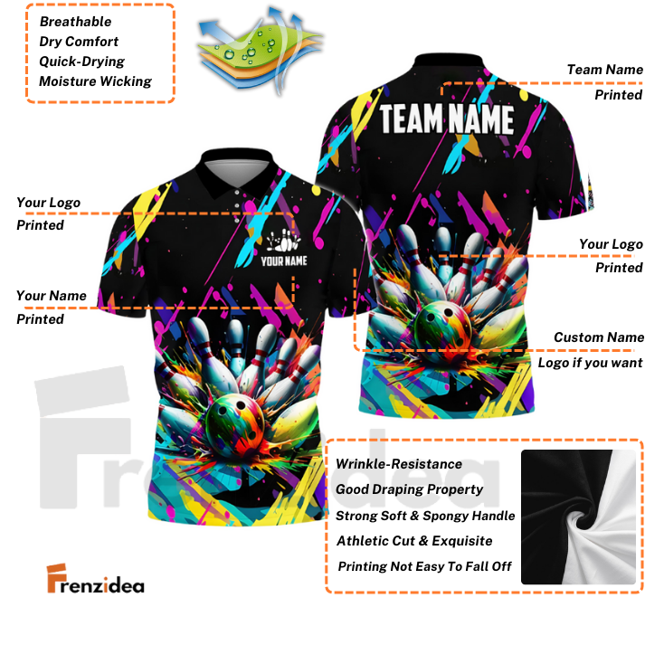 Frenzidea Bowling Graffiti Splash Paint Customized Name, Team Name 3D Shirt