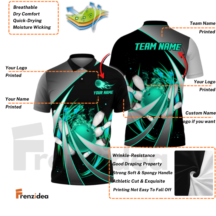 Frenzidea Flame Bowling And Pins Tornado Pattern Multicolor Customized Name 3D Shirt