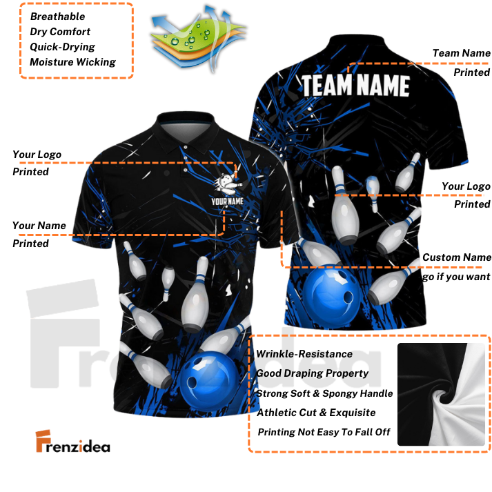 Frenzidea Bowling And Pins Break Glass Pattern Customized Name 3D Shirt (5 Colors)