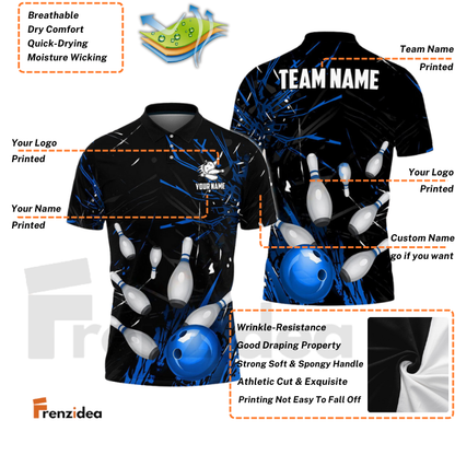 Frenzidea Bowling And Pins Break Glass Pattern Customized Name 3D Shirt (5 Colors)