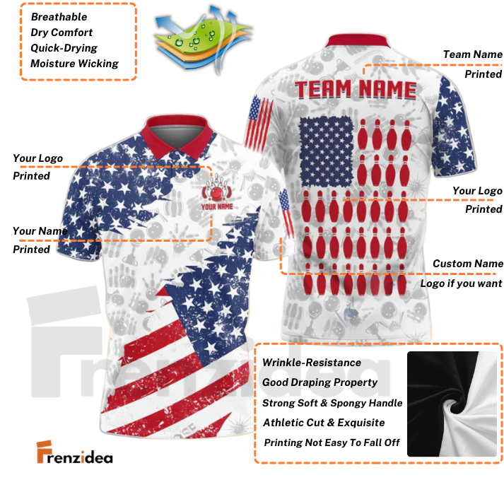 Frenzidea Bowling And Pins US Flag Bowling Pattern Customized Name, Team Name 3D Shirt (Black & White)