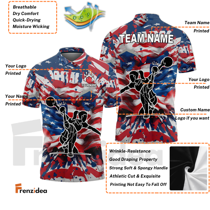 Frenzidea Bowling And Pins America Flag Paint Style Customized Name, Team Name 3D Shirt
