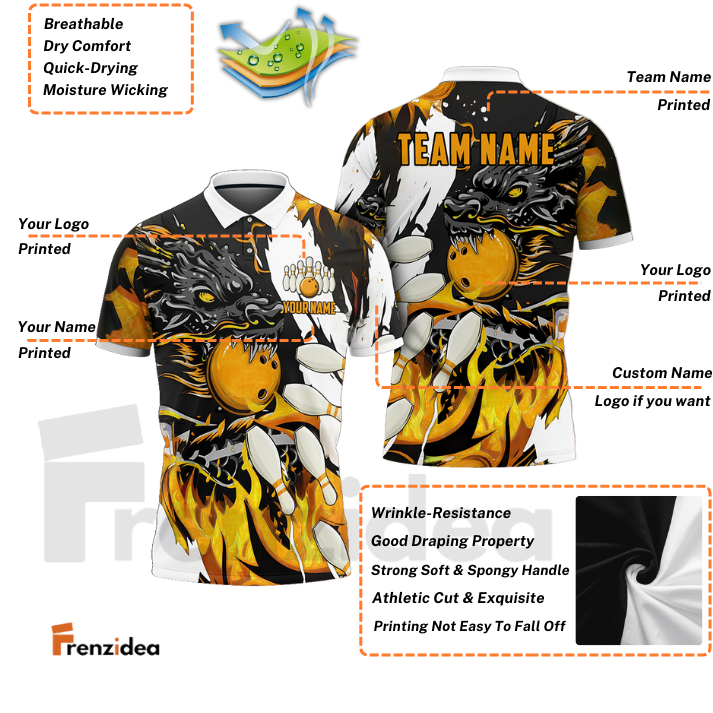 Frenzidea Bowling And Pins Dragon Flame Pattern Customized Name 3D Shirt ( 6 Colors)