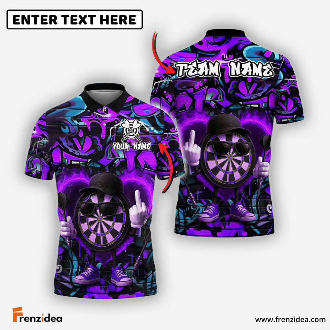 Frenzidea Darts Flaming Dartboard Attitude Graffiti Pattern Personalized Name, Team Name Shirt (4 Colors)