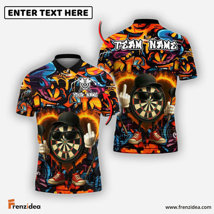 Frenzidea Darts Flaming Dartboard Attitude Graffiti Pattern Personalized Name, Team Name Shirt (4 Colors)