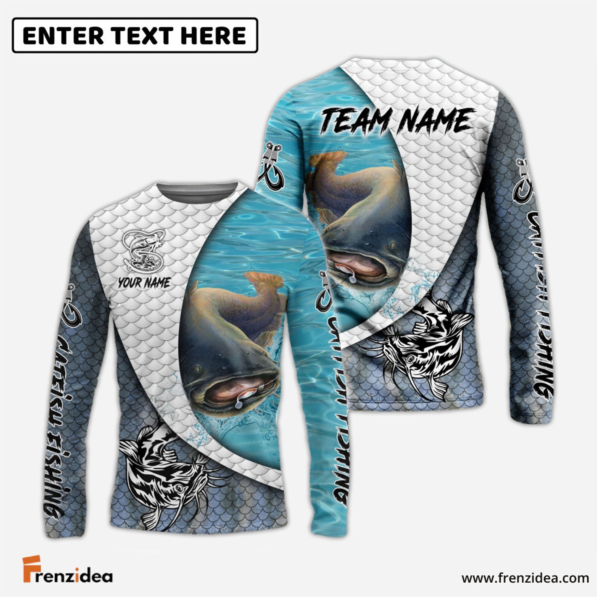 Frenzidea Catfish Fishing White Skin Diagonal Custom Name & Team Name 3D Shirts
