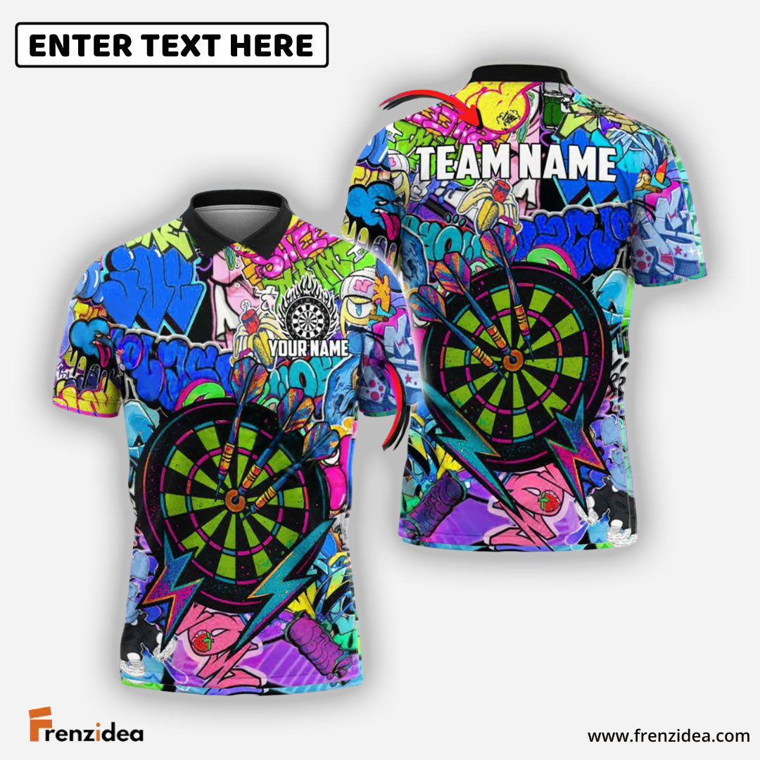 Frenzidea Darts Urban Graffiti Dartboard Fire Personalized Name, Team Name Shirt (4 Colors)