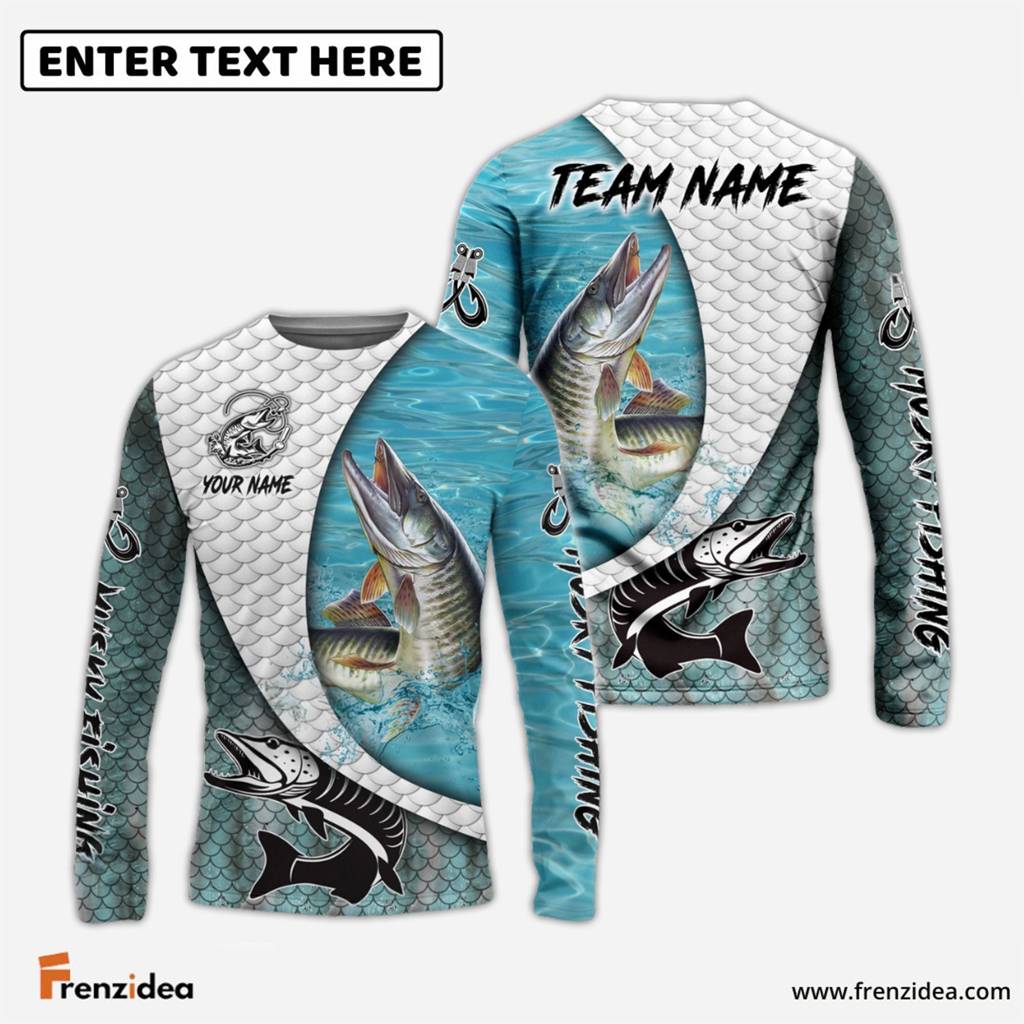 Frenzidea Musky Fishing White Skin Diagonal Custom Name & Team Name 3D Shirts
