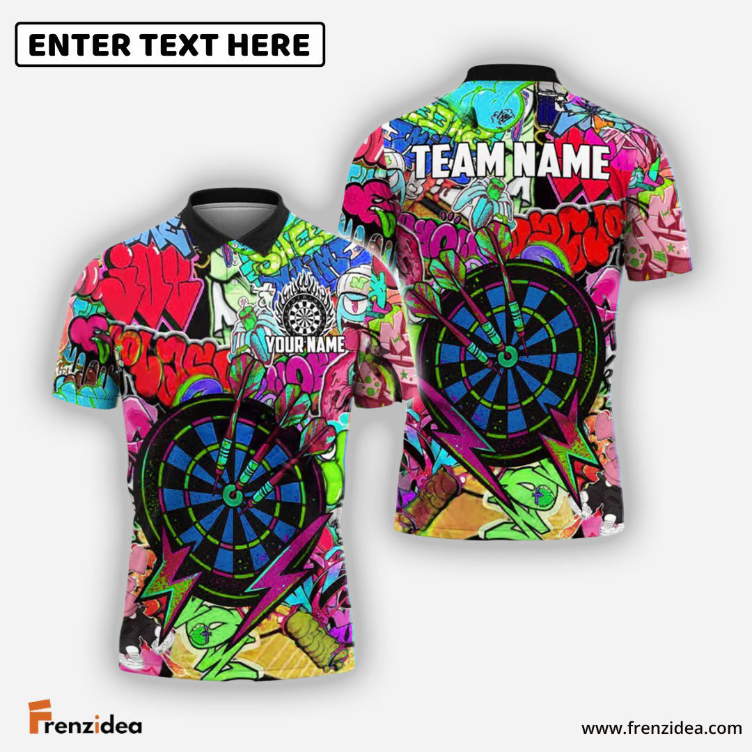 Frenzidea Darts Urban Graffiti Dartboard Fire Personalized Name, Team Name Shirt (4 Colors)
