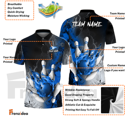 Frenzidea Bowling And Pins Fire Lava Smoke Multicolor Customized Name 3D Shirt ( 4 Colors )