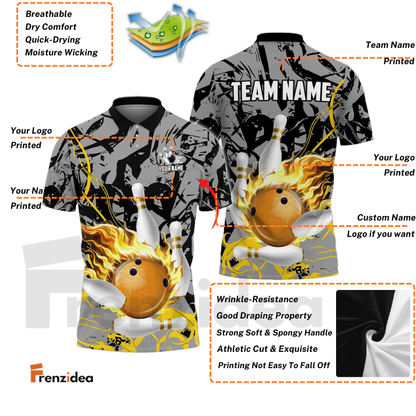 Frenzidea Bowling And Pins Bloody Flaming Strike Customized Name 3D Shirt (4 Colors)