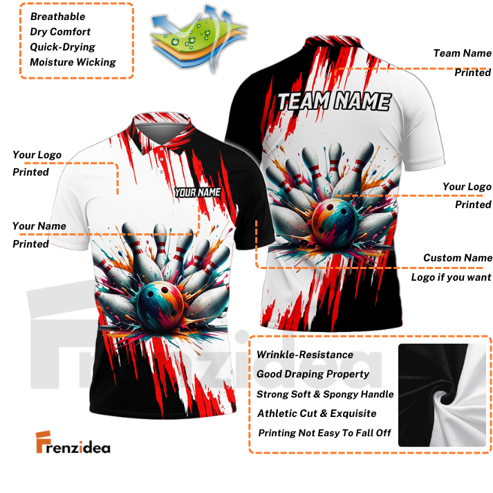 Frenzidea Bowling And Pins Black Red Customized Name 3D Shirt