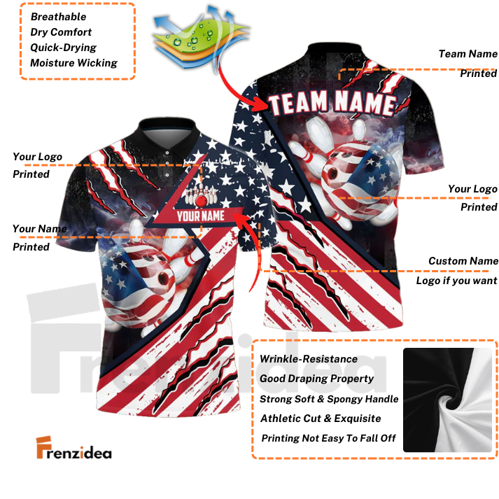 Frenzidea Bowling American Flag Patriot Customized Name, Team Name 3D Shirt