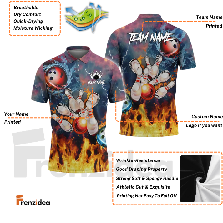 Frenzidea Bowling Fire And Water Customized Name, Team Name 3D Shirt