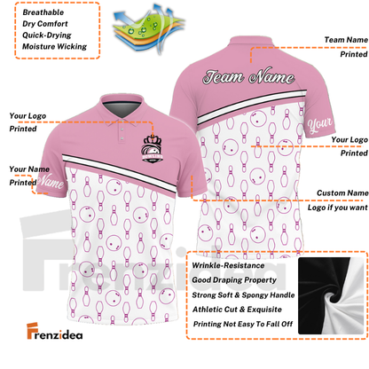 Frenzidea Bowling And Pins White Pink Customized Name 3D Shirt for Women