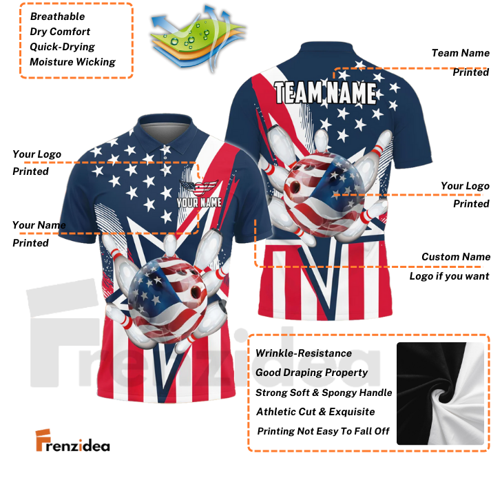 Frenzidea Bowling American Flag Star Customized Name, Team Name 3D Shirt