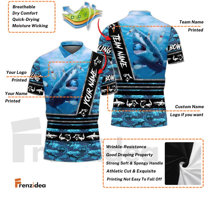 Frenzidea Bowling And Pins Fury Shark Multicolor Customized Name 3D Shirt ( 4 Colors )