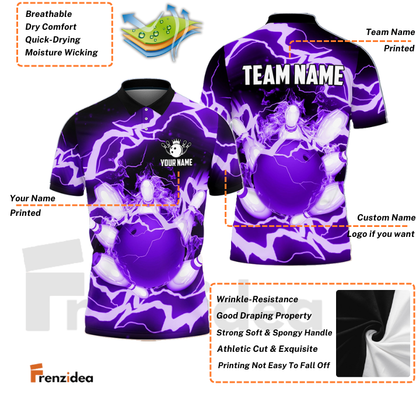 Frenzidea Power of Thunder Bowling Ball Break Pins Personalized Name and Team Name 3D Shirt (4 Colors)