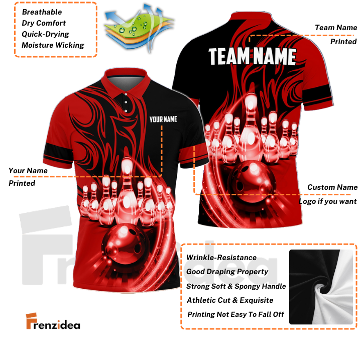 Frenzidea Flame Bowling Ball Break Pins Personalized Name and Team Name 3D Shirt (4 Colors)
