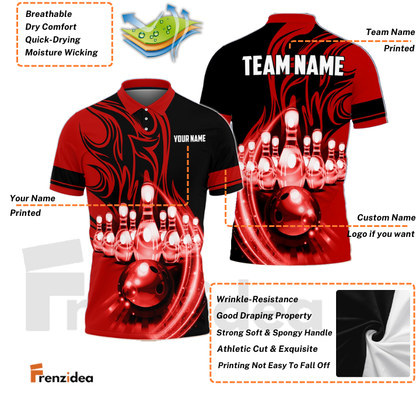 Frenzidea Flame Bowling Ball Break Pins Personalized Name and Team Name 3D Shirt (4 Colors)