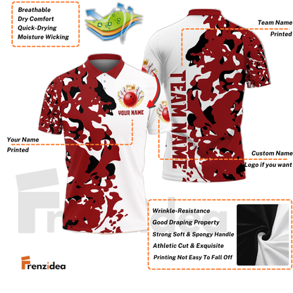 Frenzidea Bowling And Pins Red Camo Personalized Name Team Name 3D Shirt