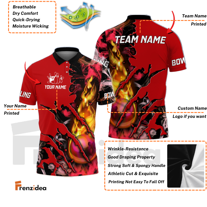 Frenzidea Bowling And Pins Flame Smoke Personalized Name Team Name 3D Shirt
