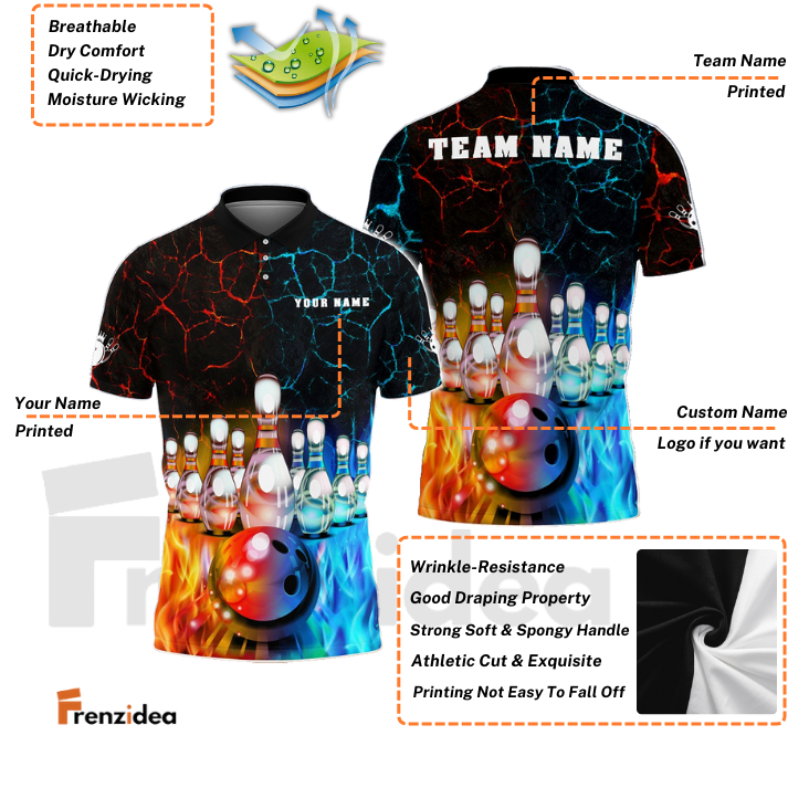 Frenzidea Fire and Water Bowling And Pins Personalized Name Team Name 3D Shirt