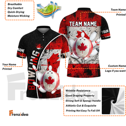 Frenzidea Bowling And Pins Patriotic Canadian Flag Customized Name, Team Name 3D Shirt