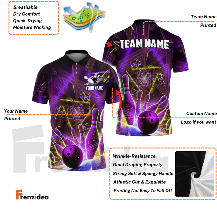 Frenzidea Bowling And Pins Neon Strike Customized Name, Team Name 3D Shirt (4 Colors)