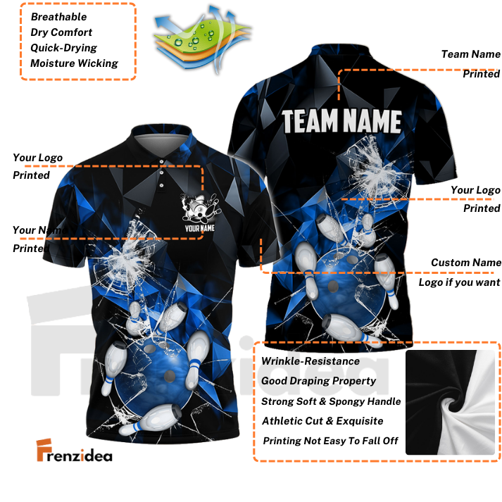 Frenzidea Bowling And Pins Broken Glass Customized Name 3D Shirt ( 6 Colors)
