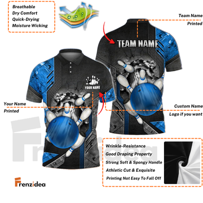 Frenzidea Bowling Ball And Pins Crack Metalic Multicolor Personalized Name 3D Shirt