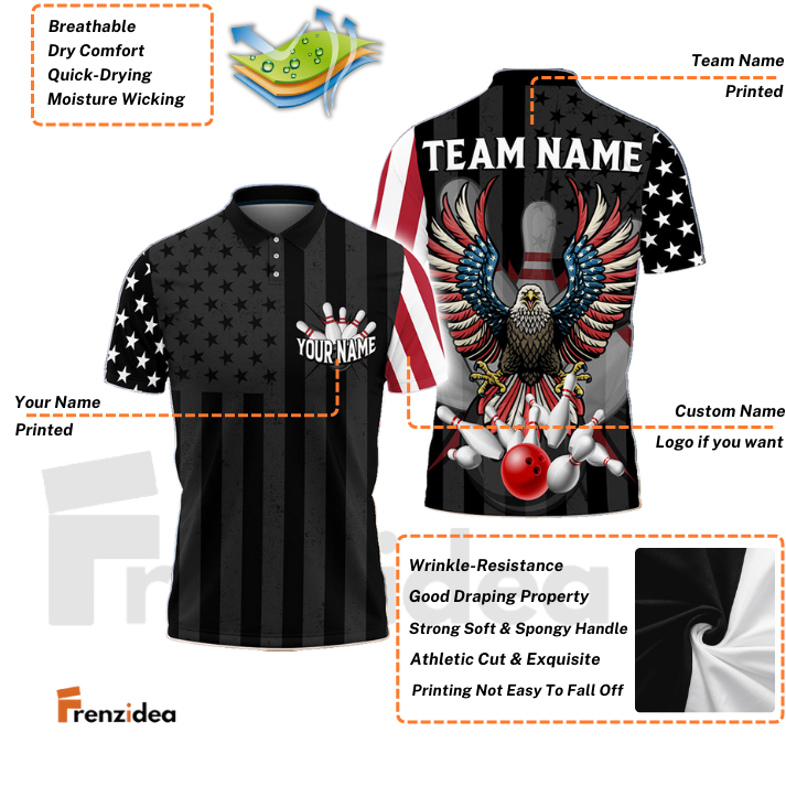 Frenzidea Eagle American Flag Bowling and Pins Multicolor Personalized Name Team Name 3D Shirt