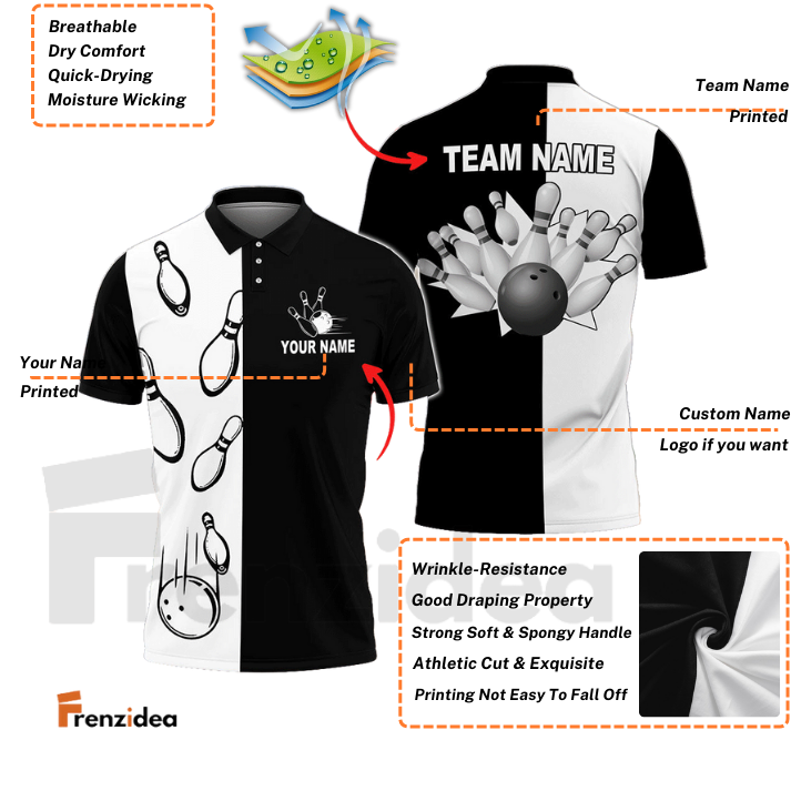 Frenzidea Bowling Black And White Customized Name, Team Name 3D Shirt