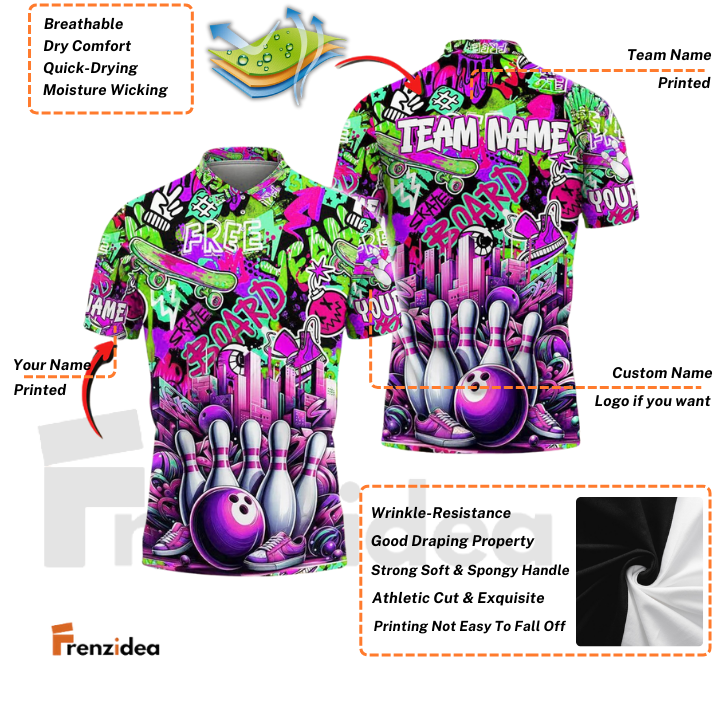 Frenzidea Bowling And Pins Graffiti Pattern Customized Name, Team Name 3D Shirt (4 Colors)