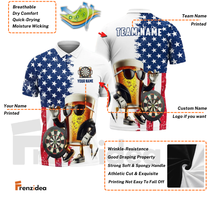 Frenzidea Darts Funny Beer Us Flag Personalized Name, Team Name Shirt