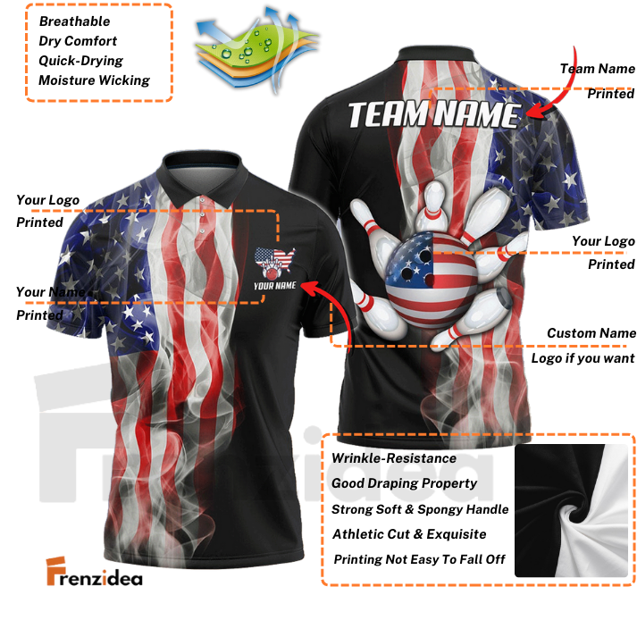 Frenzidea Bowling And Pins American Smoke Flag Customized Name, Team Name 3D Shirt