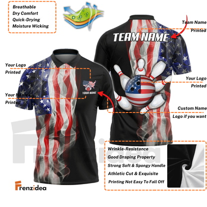 Frenzidea Bowling And Pins American Smoke Flag Customized Name, Team Name 3D Shirt